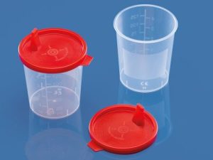 Urinebeker 125ml, disposable, rood lipdeksel, 500st/ds