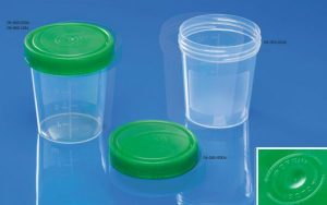 Urinebeker 100 ml, groene schroefdeksel PE , disposable, 500st/doos